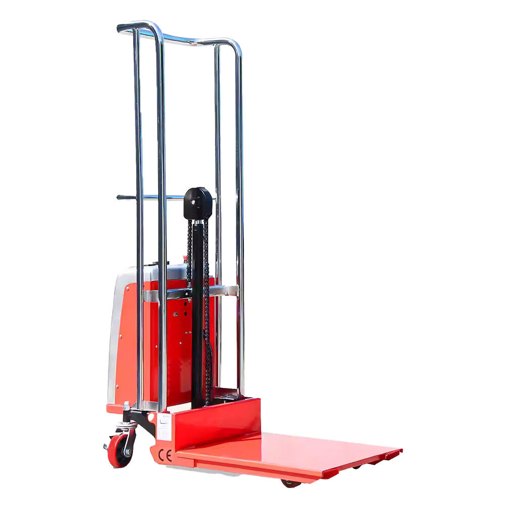 Red electric platform stacker with a metal frame, featuring a flat platform and twin handlebars for easy maneuvering. Ideal for material handling.