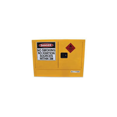A yellow safety cabinet displaying a warning label: "Danger - No smoking, no ignition sources within 3 meters," with a flammable symbol.