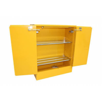 Open yellow storage cabinet featuring two metallic shelves and a lock, ideal for secure storage solutions.