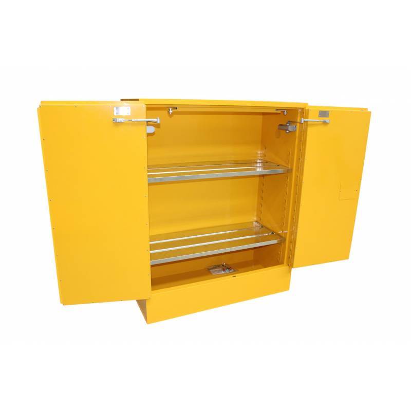 Open yellow storage cabinet featuring two metallic shelves and a lock, ideal for secure storage solutions.