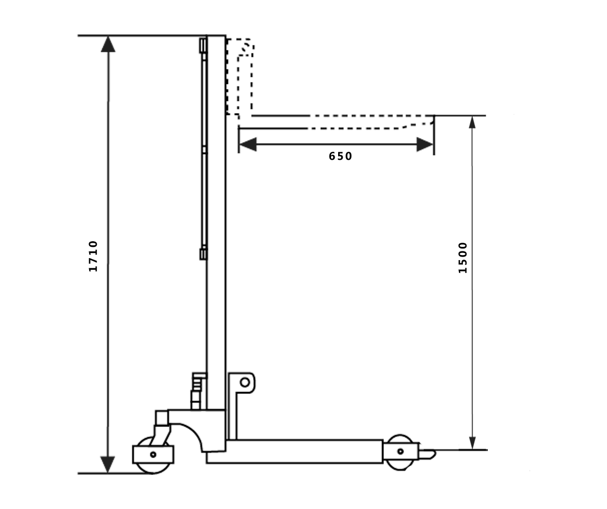 Line drawing of a vertical stand with dimensions marked: height 1710mm, width 650mm, and depth 1500mm, featuring wheels for mobility.