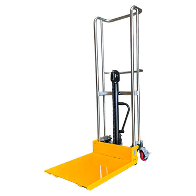 A yellow hydraulic hand truck with a metal frame and two red wheels, designed for lifting and transporting heavy loads.