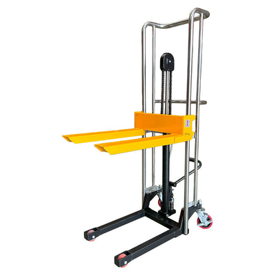A compact yellow and black manual stacker with two forks, designed for lifting and moving materials in a warehouse setting.