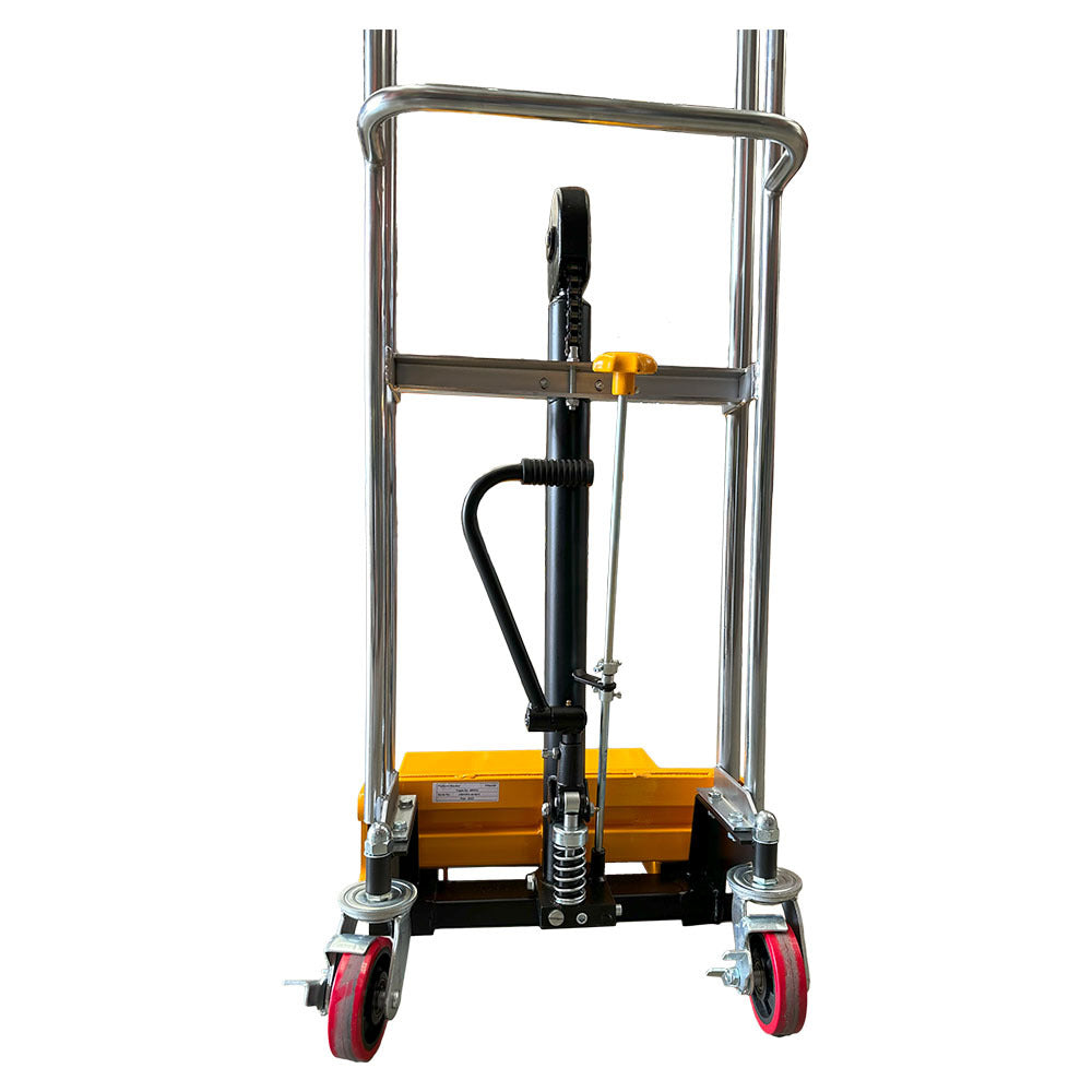 Front view of a hydraulic hand truck with chrome metal frame, yellow hydraulic pump, and red rubber wheels for easy mobility.