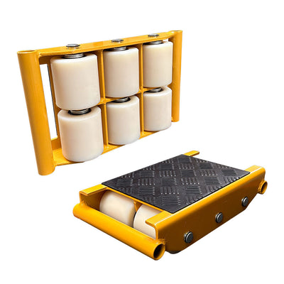 A set of yellow roller skates with six white rollers on top and a black patterned surface, designed for moving heavy loads easily.