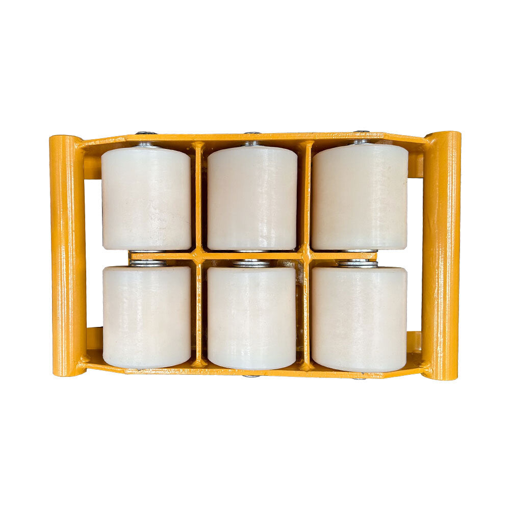A yellow frame holding six white rollers, designed for material handling.