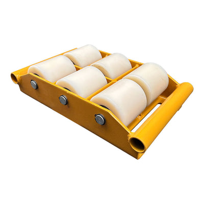 A yellow roller dolly featuring six white rollers, designed for easy movement of heavy objects.