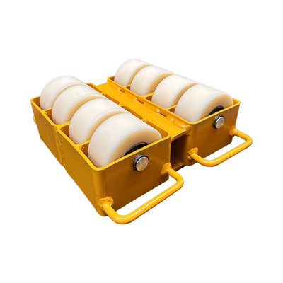 A yellow portable roller skate with eight white wheels, designed for easily moving heavy objects. Two handles on the sides for grip.