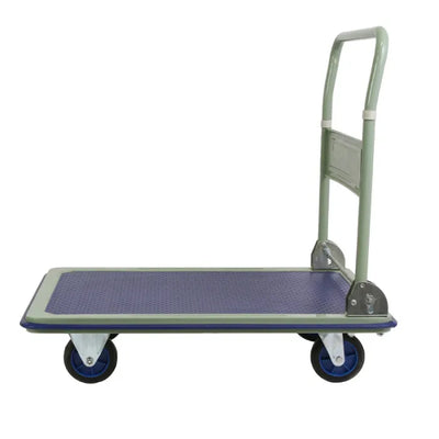A flat, four wheeled hand trolley with a sturdy blue platform and a white metal frame, designed for transporting heavy items easily.