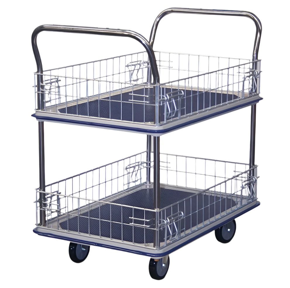 A two-tiered stainless steel trolley with mesh sides, blue rubber flooring, and four swivel wheels for easy mobility.