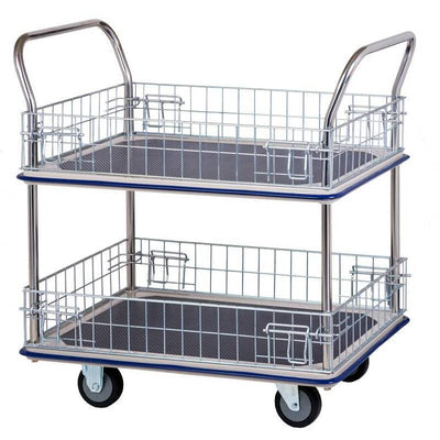 A two-tier metal trolley with wire mesh sides and a blue trim, featuring four wheels for easy mobility.