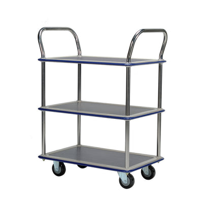 A three-tier platform trolley with blue-edge shelves and chrome handles, featuring four wheels for mobility. Ideal for storage and transport.