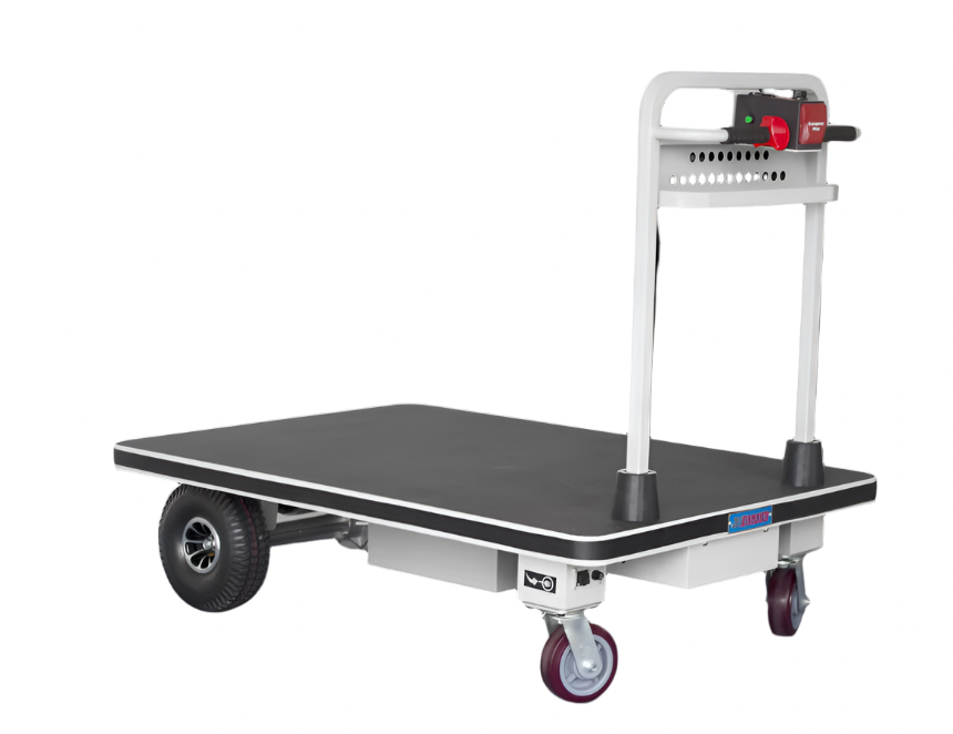 Motorized platform cart with a black flatbed, silver handle, control panel, and four wheels, including two larger front tires.