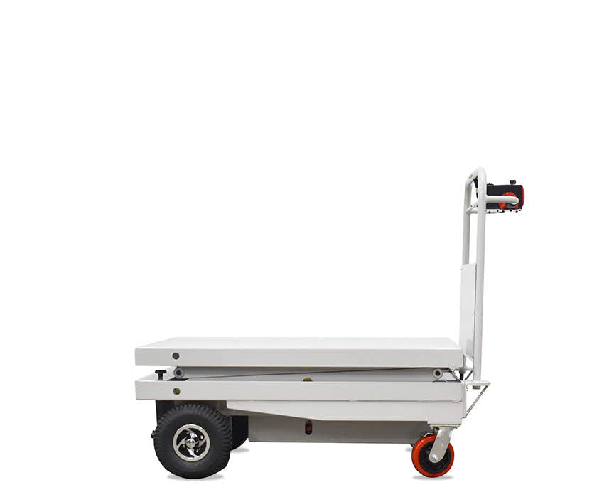 A four wheeled electric cart with a flat, open platform and ergonomic handle, designed for transporting goods easily.