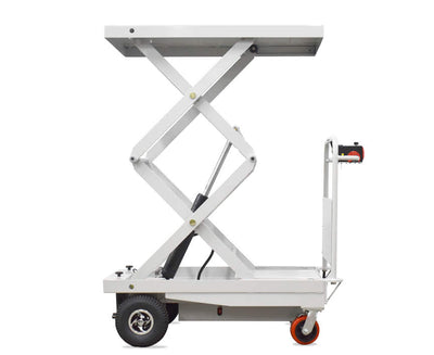 A compact white scissor lift table on four wheels, displaying hydraulic mechanism and control panel, designed for efficient lifting tasks.