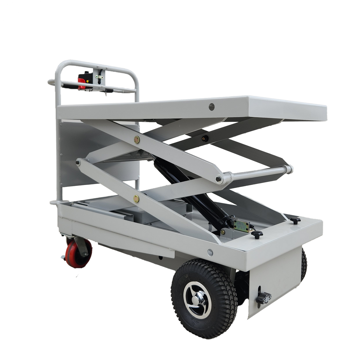 A gray scissor lift table with a raised platform, featuring four wheels for mobility and a handle for operation.