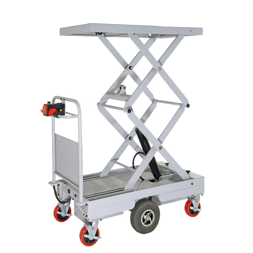 A hydraulic scissor lift table on six wheels, featuring a flat top and handle, designed for elevating heavy items safely.
