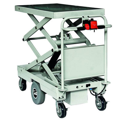 Scissor lift table cart with a flat top, adjustable height, and six wheels for mobility, designed for lifting and transporting heavy items.