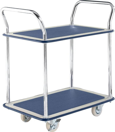 A two-tiered utility cart with chrome handles and blue rubberized shelves, supported by sturdy wheels for easy movement.