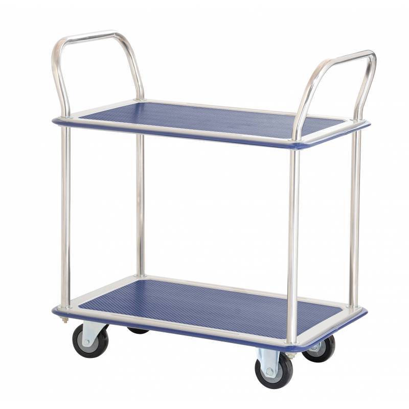 A blue two-tier utility cart with stainless steel handles and wheels, designed for easy transport of items.