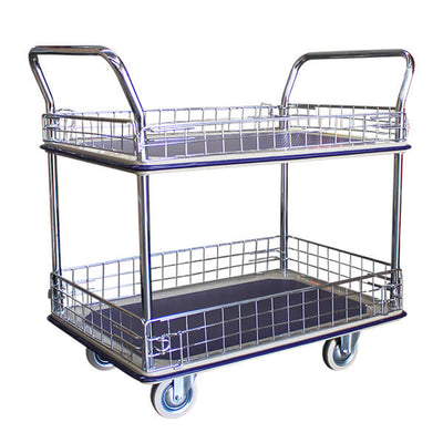 A metal shelving cart with two open wire baskets and wheels, designed for easy transport of items in various settings.