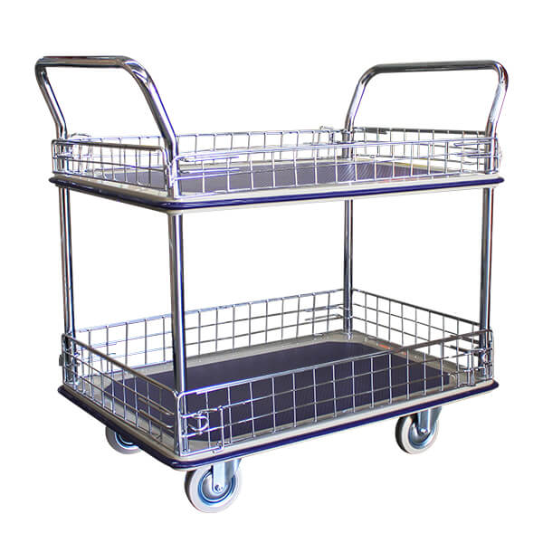 A metal shelving cart with two open wire baskets and wheels, designed for easy transport of items in various settings.