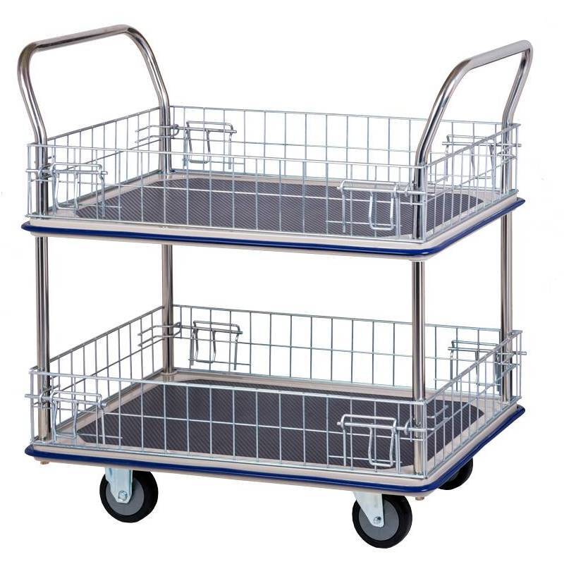 A two-tier metal cart with wire mesh sides and a blue trim, featuring a sturdy handle and four wheels for easy mobility.