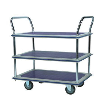 Three-tier utility cart with blue platforms and chrome frame, featuring two handles and four wheels for easy mobility.