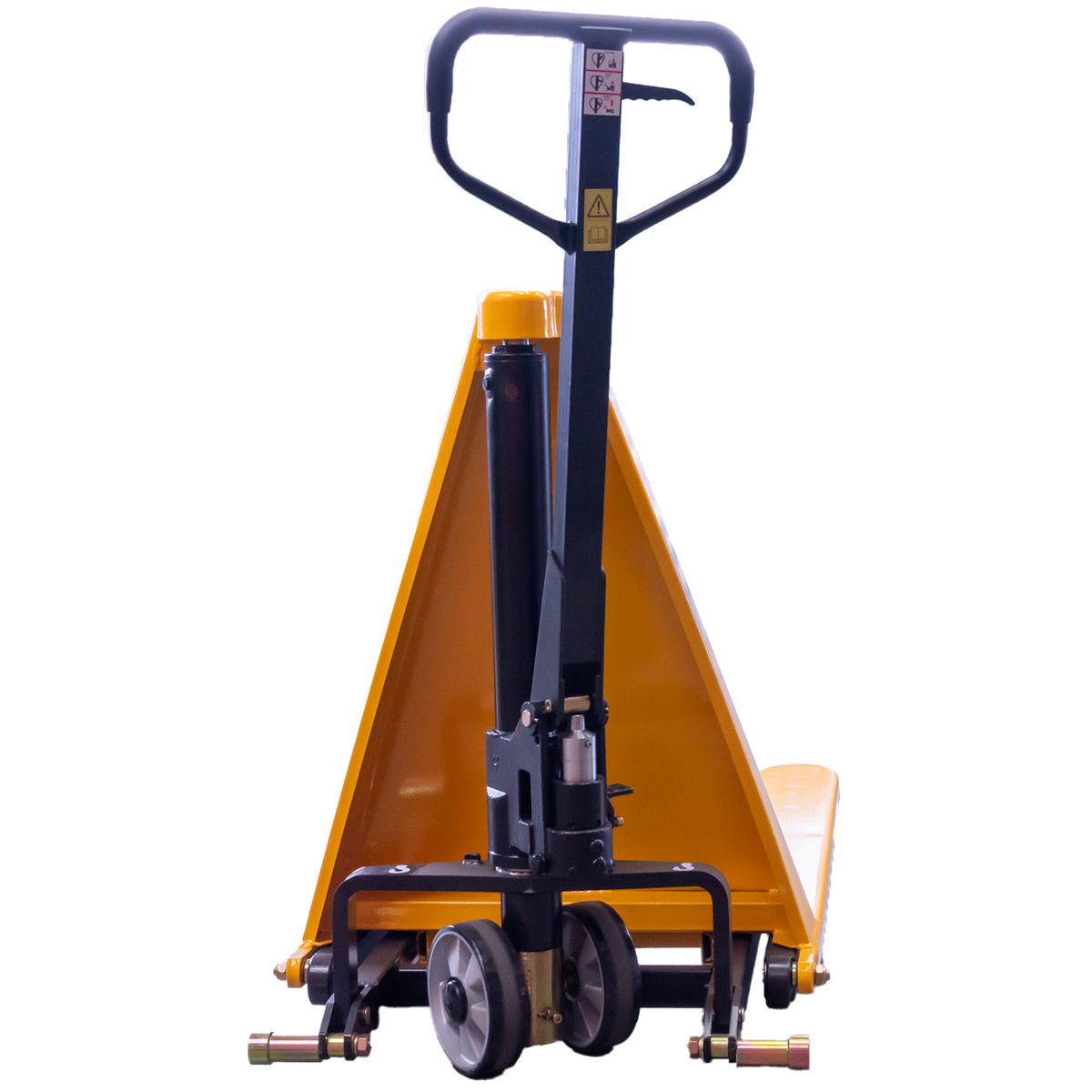 A hydraulic pallet jack with a black handle and yellow lift platform, designed for transporting heavy loads efficiently.