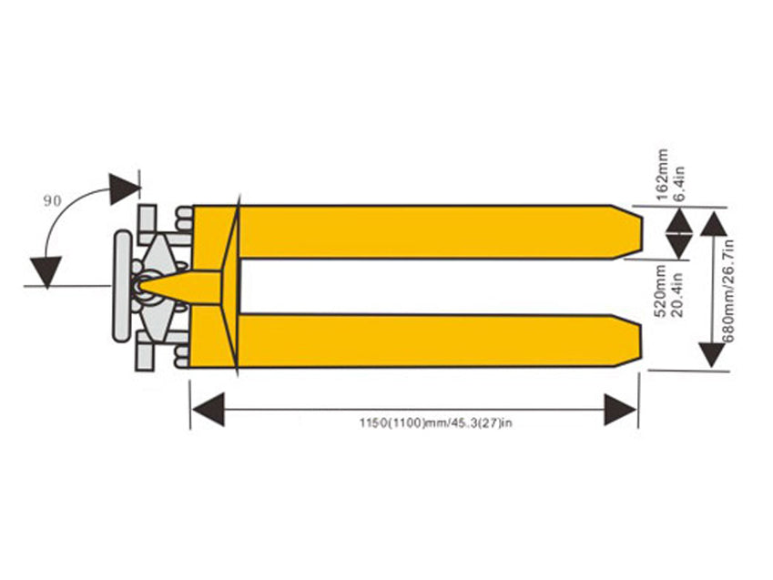 Birds eye view of a pallet jack diagram with dimensions in mm and inches, showing yellow lifting forks and a central handle mechanism.