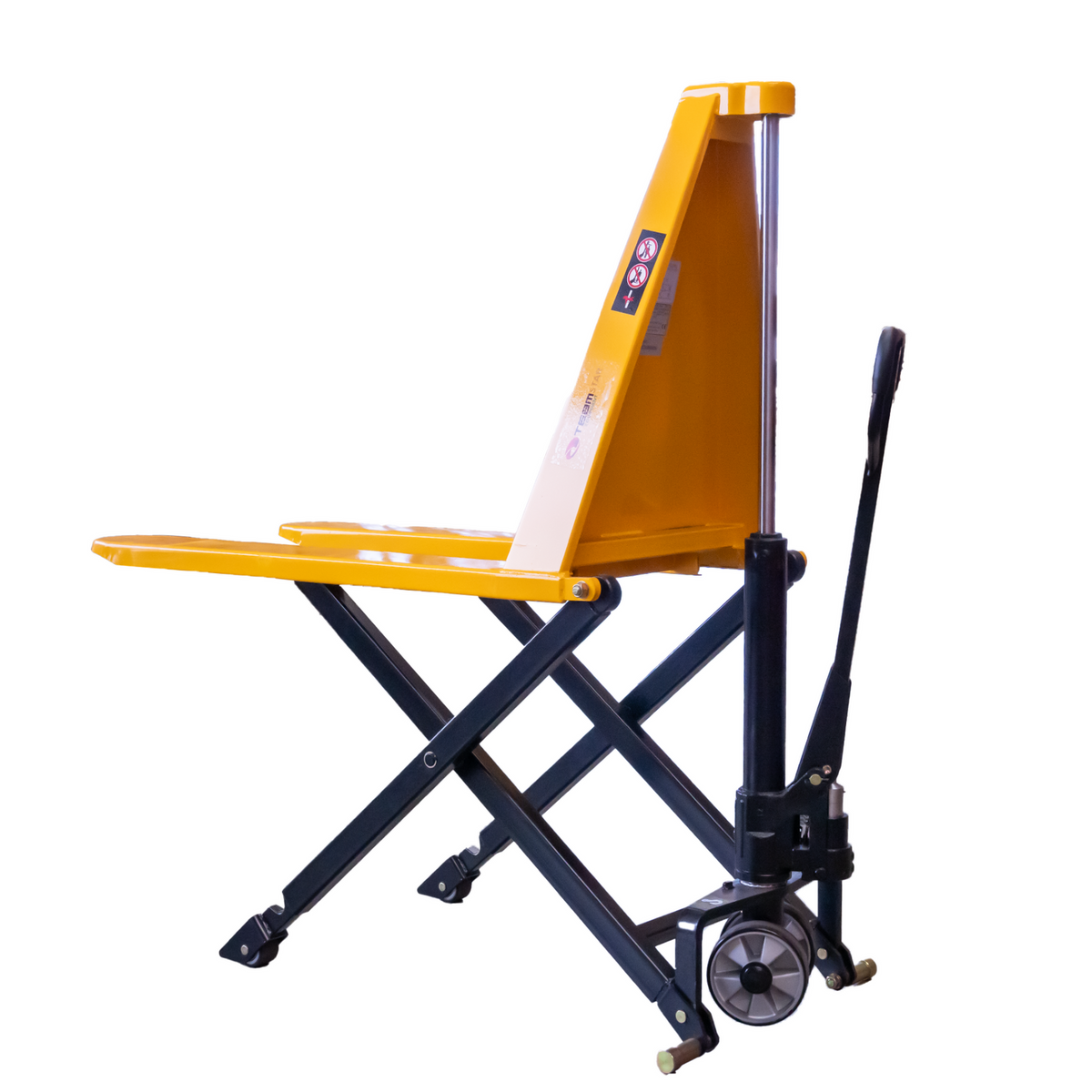 Side view of a yellow hydraulic pallet jack with a black base, designed for lifting heavy items, featuring a handle and wheels for mobility.