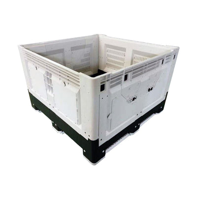 A sturdy, collapsible plastic crate with white walls and a black base, designed for storage and transport.