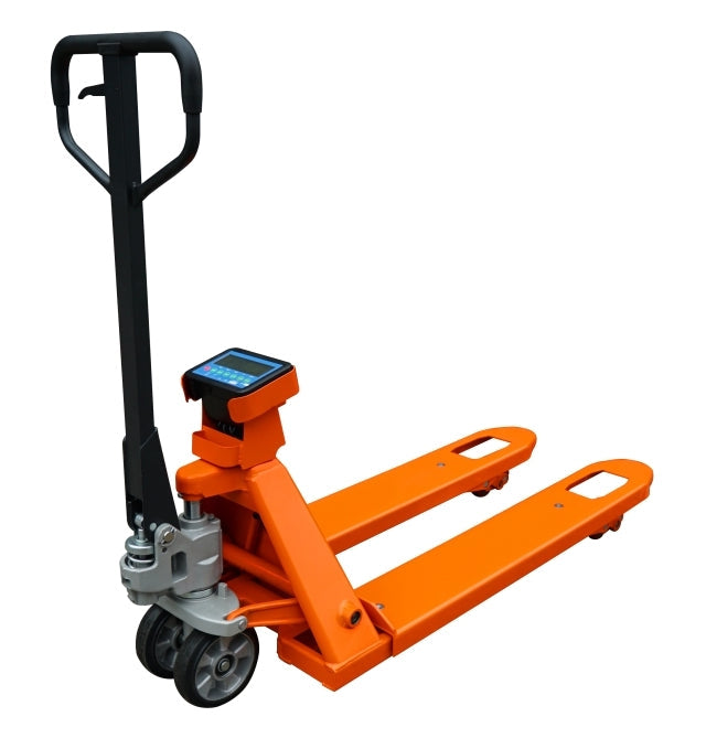 Orange electric pallet jack with a digital display, designed for lifting and weighing loads in warehouses or industrial settings.