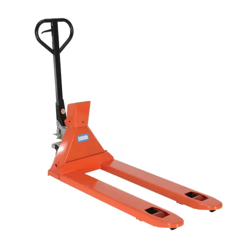 An orange pallet jack with a black handle, designed to lift and transport heavy loads, capable of supporting up to 2000kg.