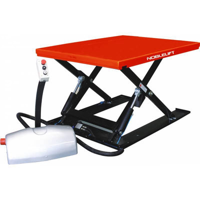 Hydraulic lift table with an red top, black frame, and attached control unit for raising and lowering loads.