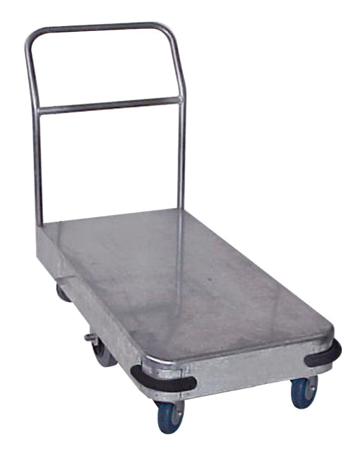 AA sturdy galvanised metal platform trolley with six wheels, designed for transporting heavy items easily.