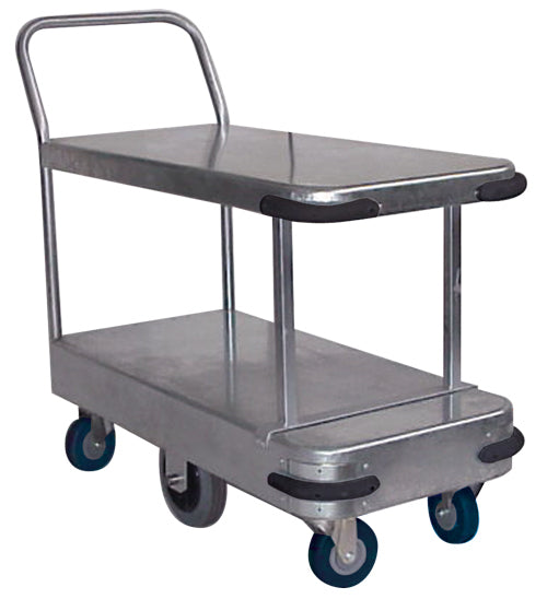 A sturdy stainless steel platform trolley with two shelves and six swivel wheels, designed for easy transportation of items.