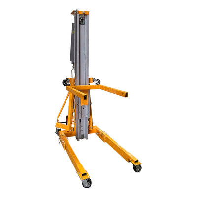 A yellow hydraulic lift with a vertical column, adjustable arms, and wheels, used for lifting heavy equipment or materials.