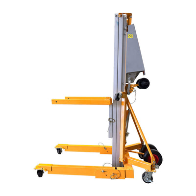A yellow mobile lifting hoist with a vertical frame, adjustable arms, and wheels for easy maneuverability.
