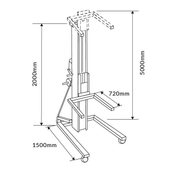 Illustration of a lifting mechanism with dimensions: height 5000mm, width 1500mm, depth 2000mm, and arms extending 720mm.
