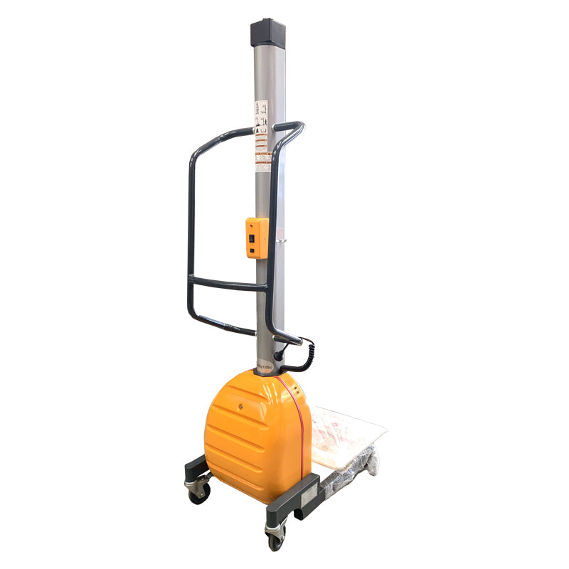 A compact powered lifter stacker transporter with a yellow handle and base, designed for lifting and transporting heavy loads easily.