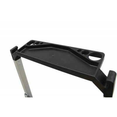 Black plastic tray with holes for tools or paint cups, attached to a lightweight metal frame, angled view.