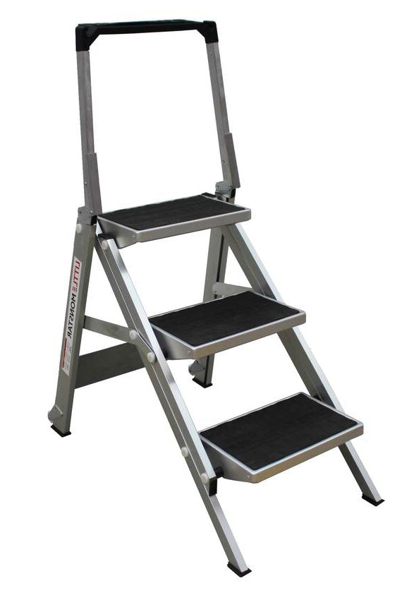A grey aluminum step ladder with three textured steps and a handle for stability, positioned against a white background.