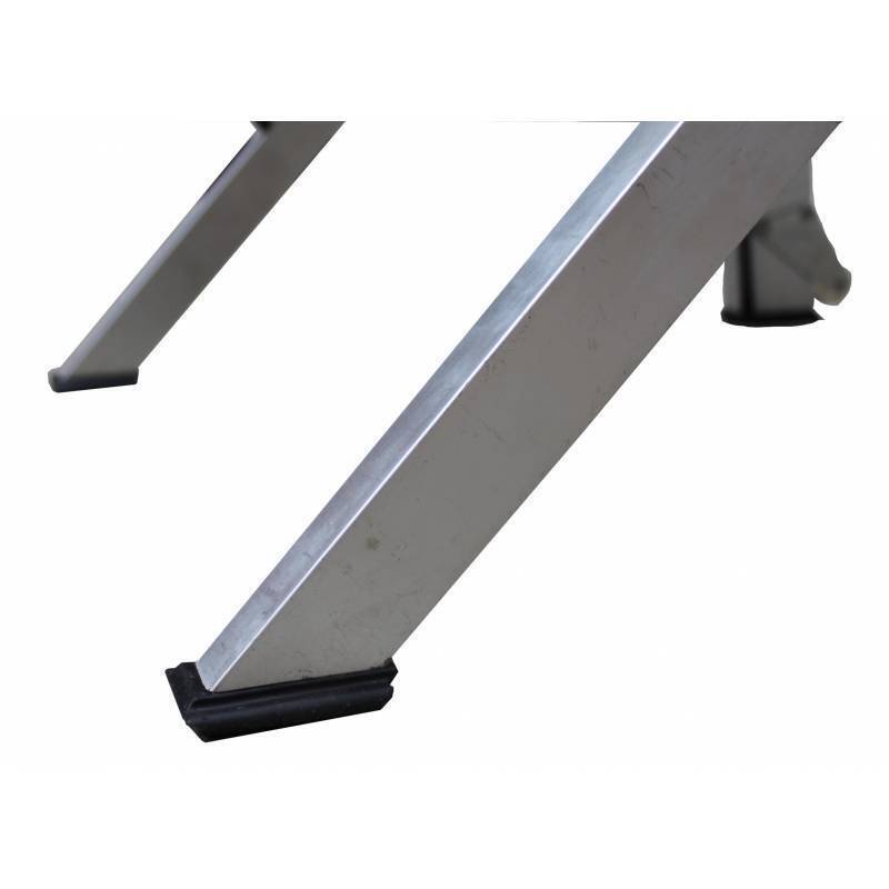 Close-up of a metallic table leg featuring a rubber foot for stability, set against a clean white background.