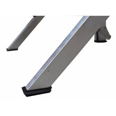 Close-up of a metallic table leg featuring a rubber foot for stability, set against a clean white background.