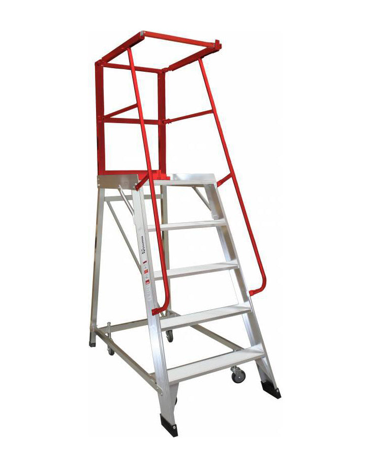 A silver metal rolling ladder with five steps and a red safety railing at the top, designed for reaching high places.