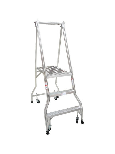 Monstar's tall, aluminum step ladder with three steps and four wheels for easy mobility, set against a plain white background.