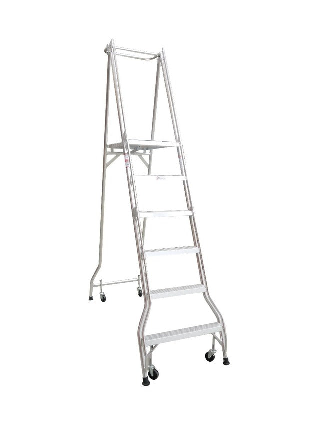 Monstar's tall, aluminum step ladder with six steps and four wheels for easy mobility, set against a plain white background.