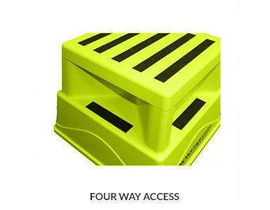 Bright yellow step stool with black anti-slip stripes, designed for safe four-way access. Ideal for reaching high places.