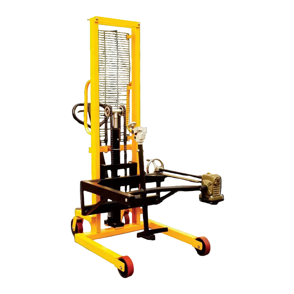 A bright yellow hydraulic drum barrel tiller lift with a sturdy black frame, designed for lifting heavy steel drums in industrial settings.